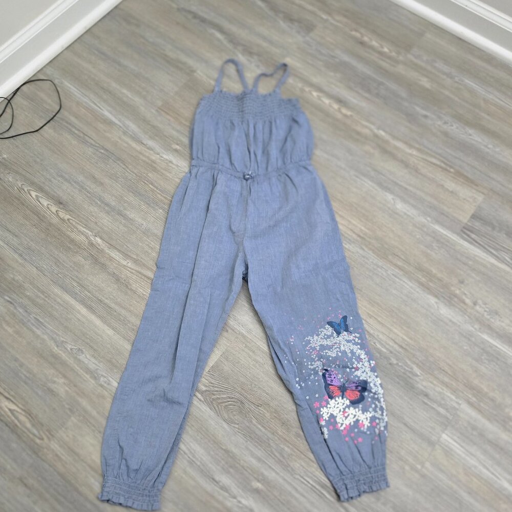 H& M Girls Butterfly Floral Print Cottagecore Elasticized Chambray Pants Romper